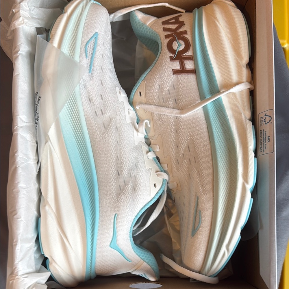Hoka Women's White and Blue Running Shoes Clifton 9 10B